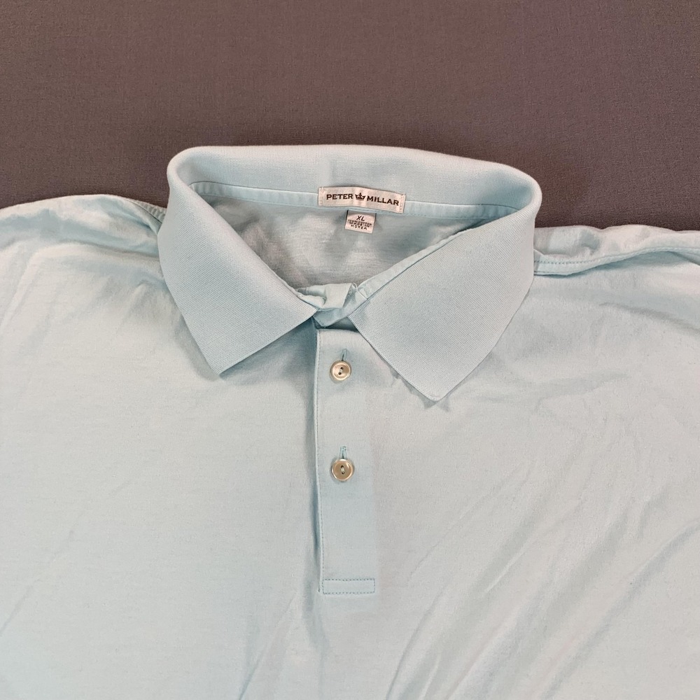 Peter Millar Polo Shirt Mens XL Blue Solid Cotton Jersey Golf Short SLV - Picture 4 of 15